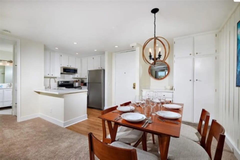 Teak Dining Room Set Stainless Appliances. Keurig Coffee Machine.