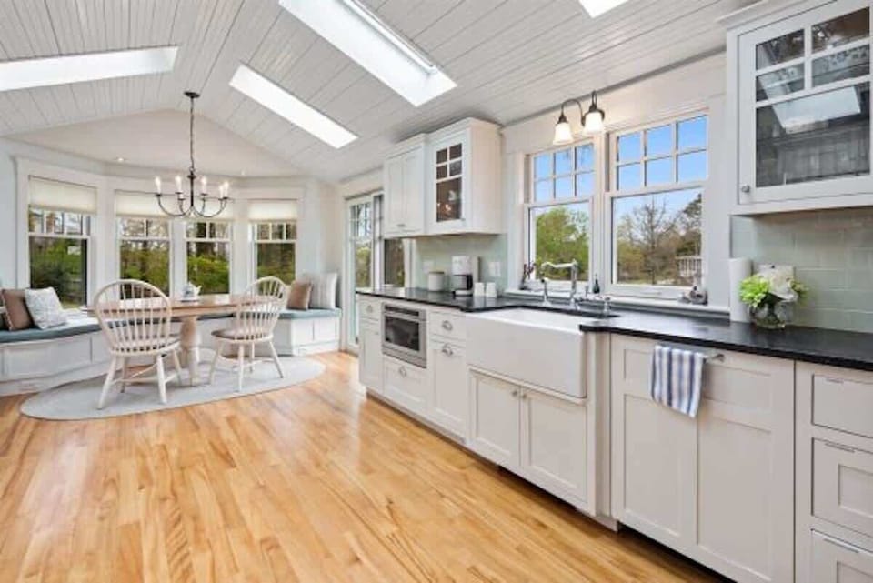 Bright sky lights fill the room with natural light 
