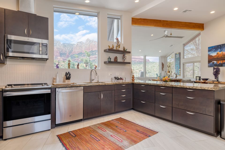 Modern appliances, plenty of space, and a great view from the Main House kitchen.