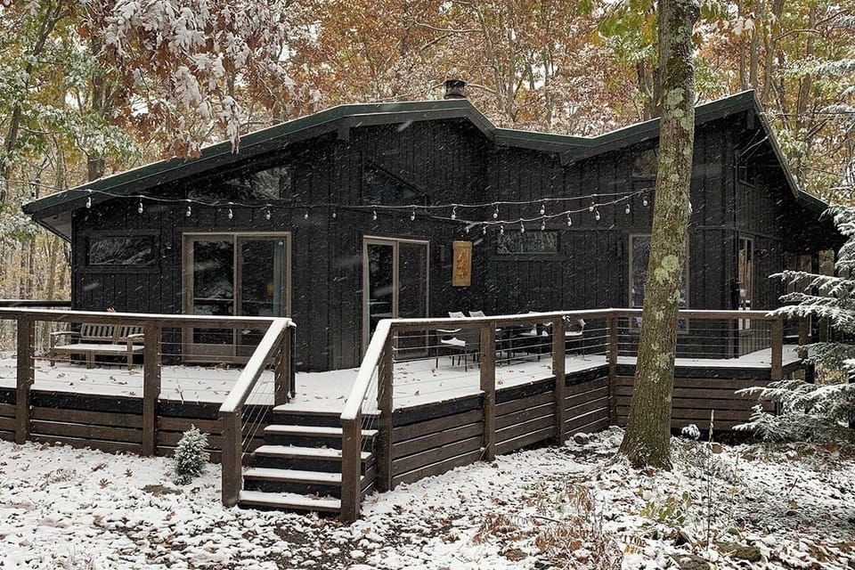 Cabin front fall snow