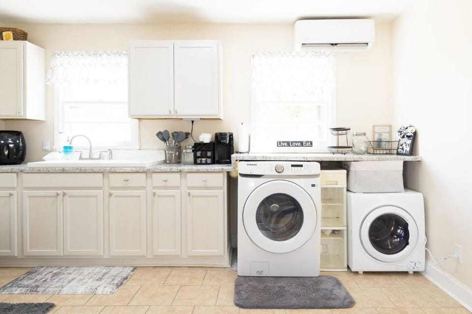 Kitchen: Washer, Dryer, dishes, pots and pans, utensils, salt & pepper, oil
