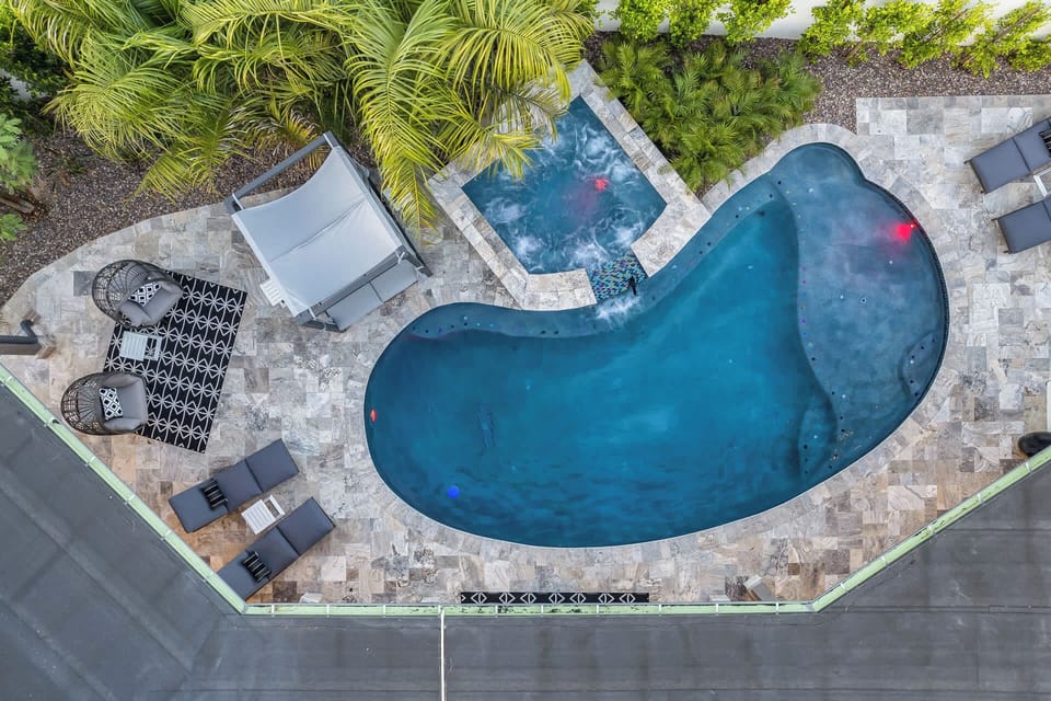 Birds eye view of the backyard.