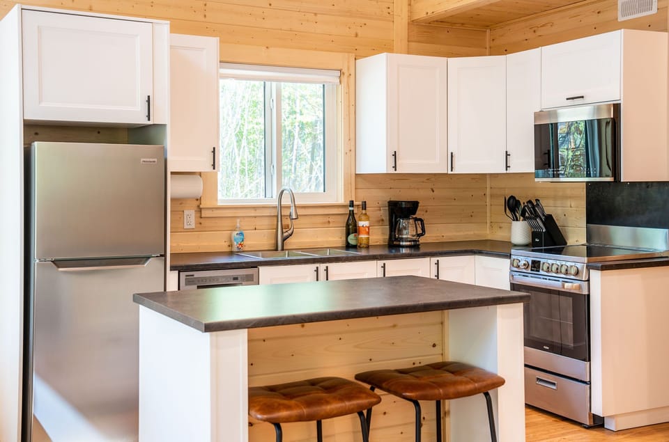 Kitchen with brand new stainless steel apartment sized appliances