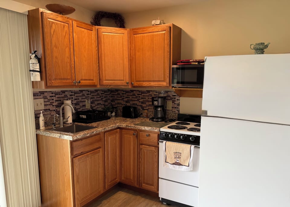 Kitchenette with stoves and full size fridge. Ice maker.