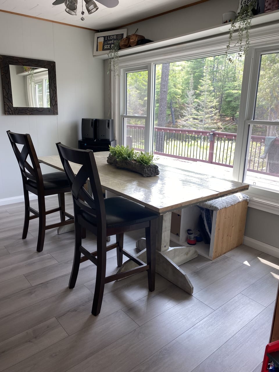 Dining table by 9ft window overlooking the river