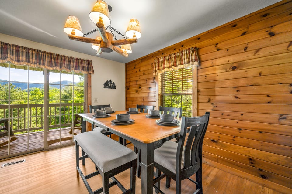 The dining area is complete with mountain views.