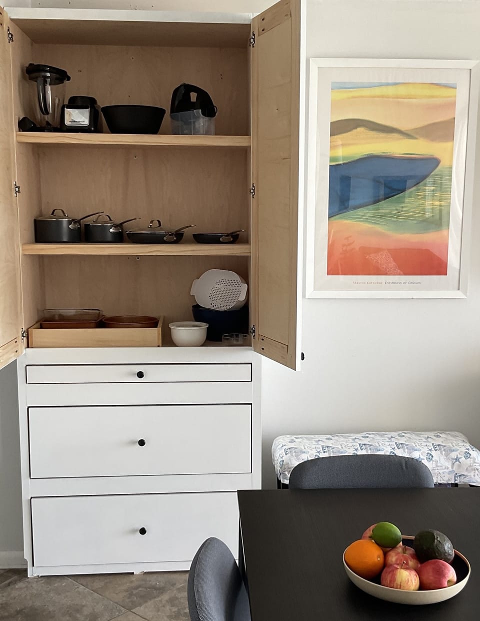 The spacious kitchen is well stocked w cookware & bakeware. 