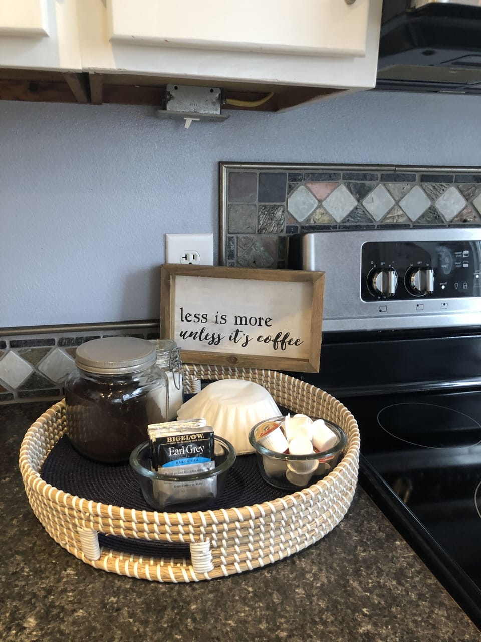 Coffee, tea, cream, and sugar provided