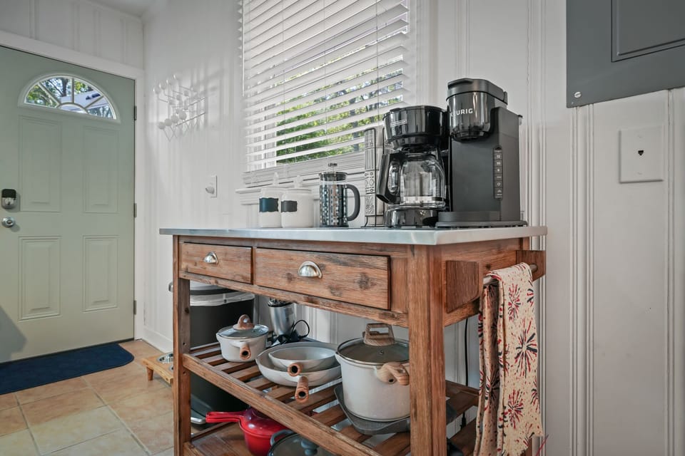 Fully stocked coffee bar. Keurig, coffee pot, French press 