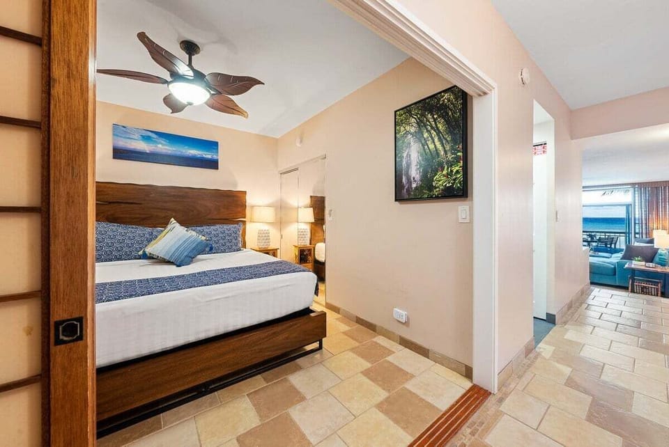 A serene bedroom with modern touches and warm tones