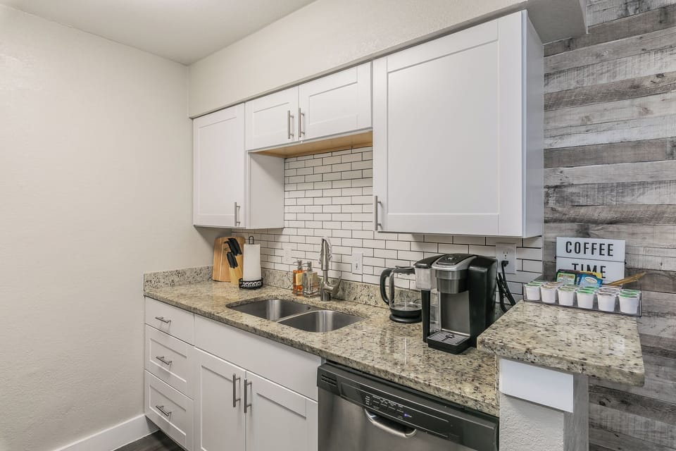 Inviting kitchen with complimentary coffee and tea. Perfect for morning brews!