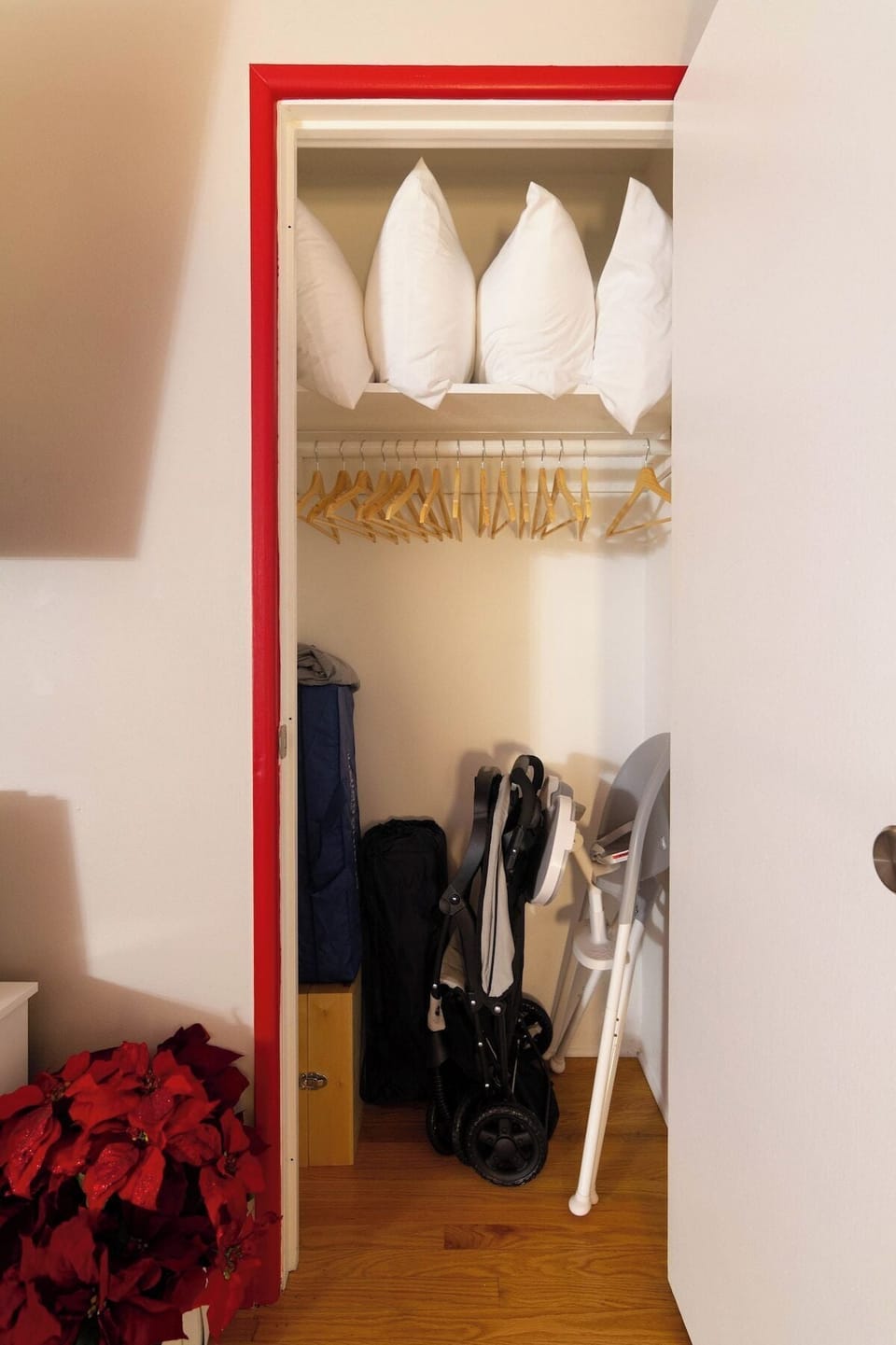 Main Living Area Closet contains extra pillows, high chair, pack and play, and stroller.