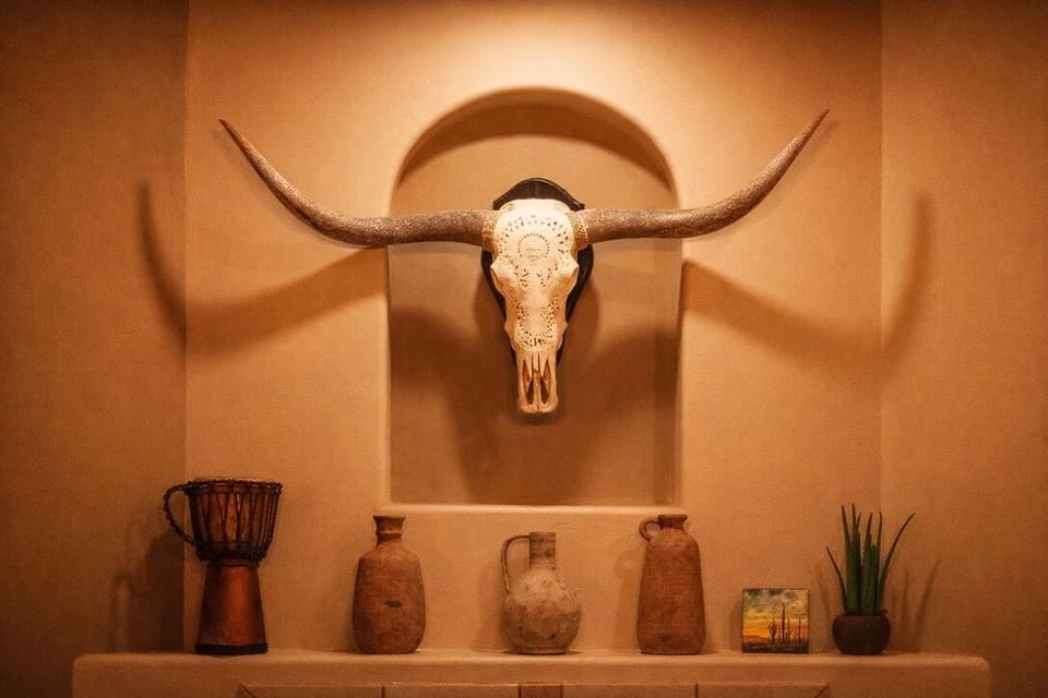 Living room with 85” TV, carved longhorn over fireplace.