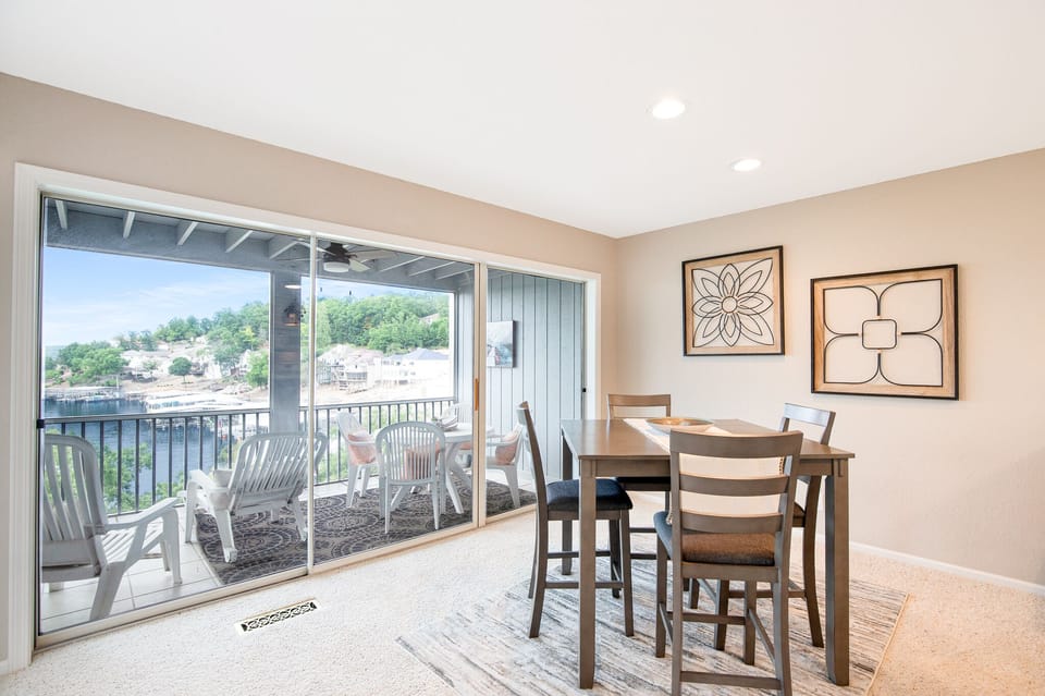 An expensive restaurant-like experience made possible in the living are with an outdoor view.