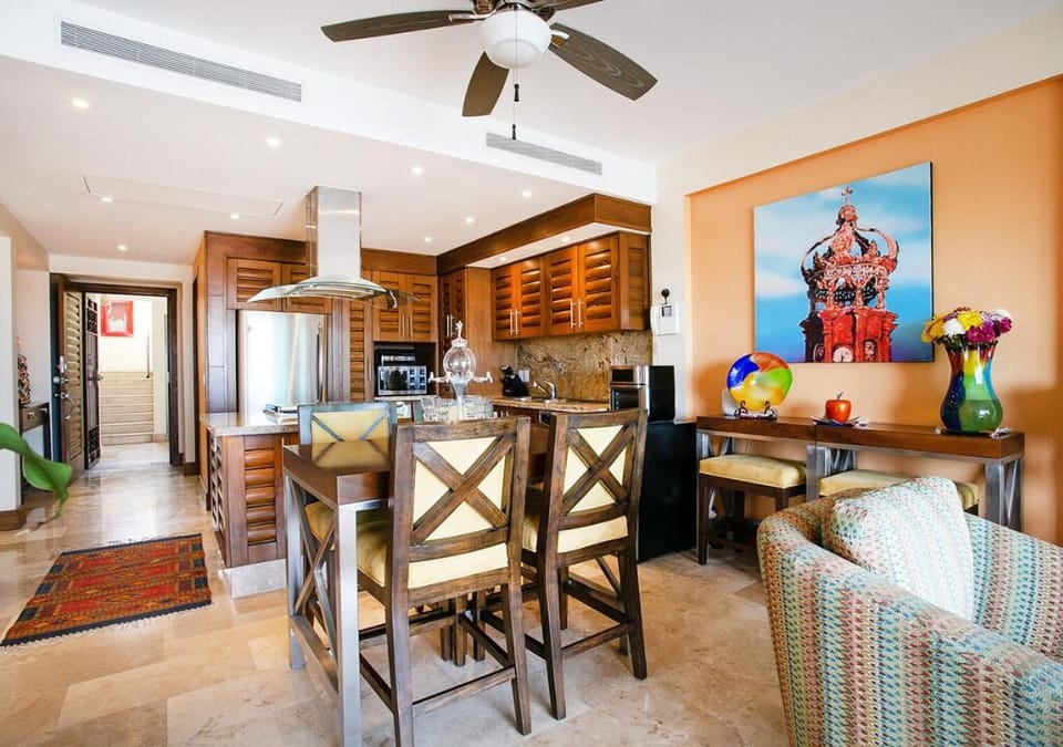 Dining table facing kitchen