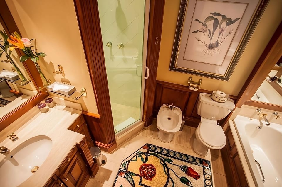 Full bathroom with a shower/tub. Basic toiletries and towels are provided