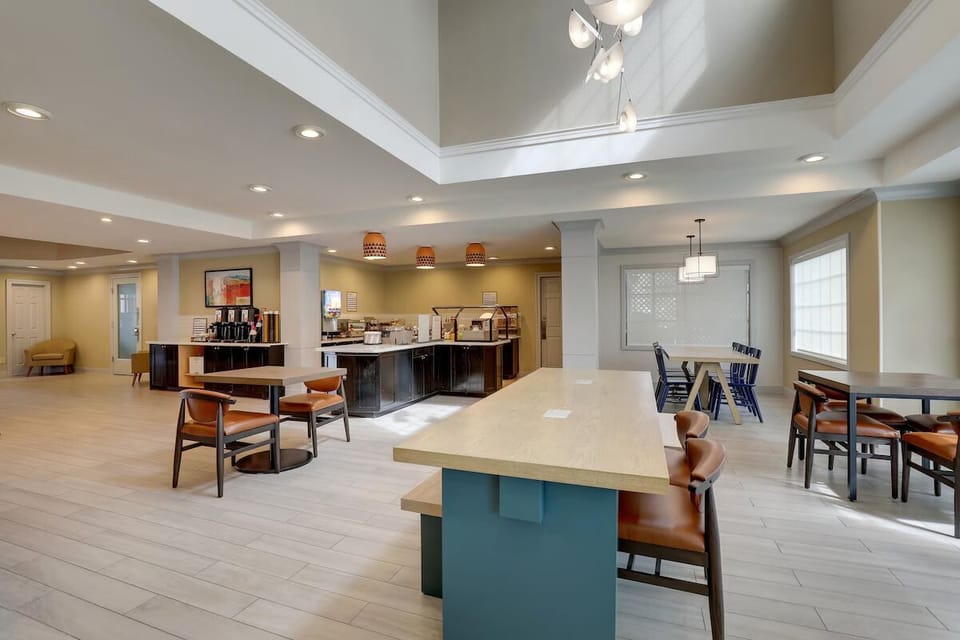 Settle in at communal tables for work or conversation