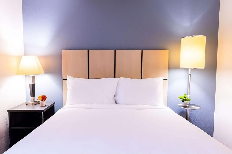 Drift off in plush pillows framed by warm bedside lighting.