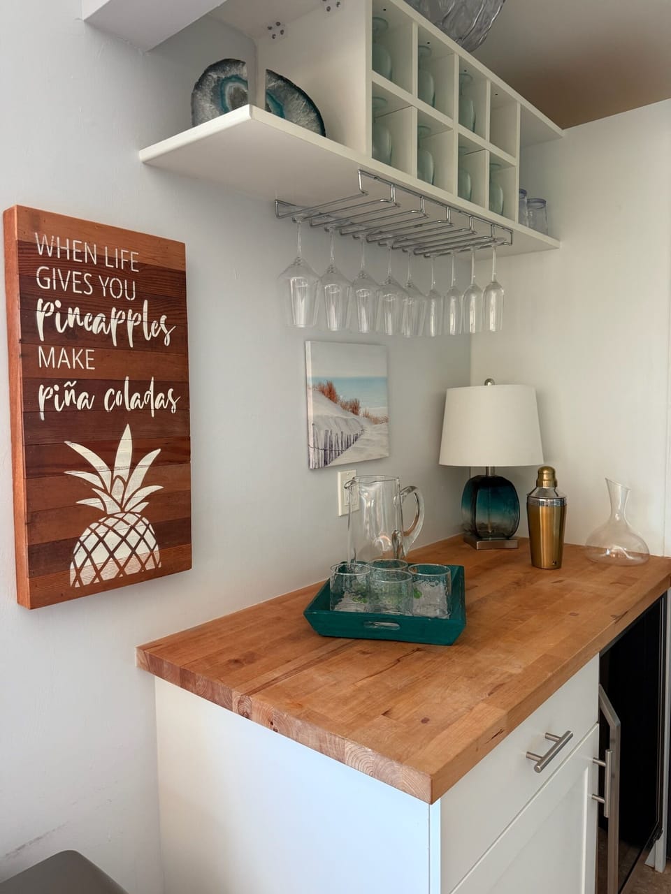 Happy hour setup with minibar and wine fridge.