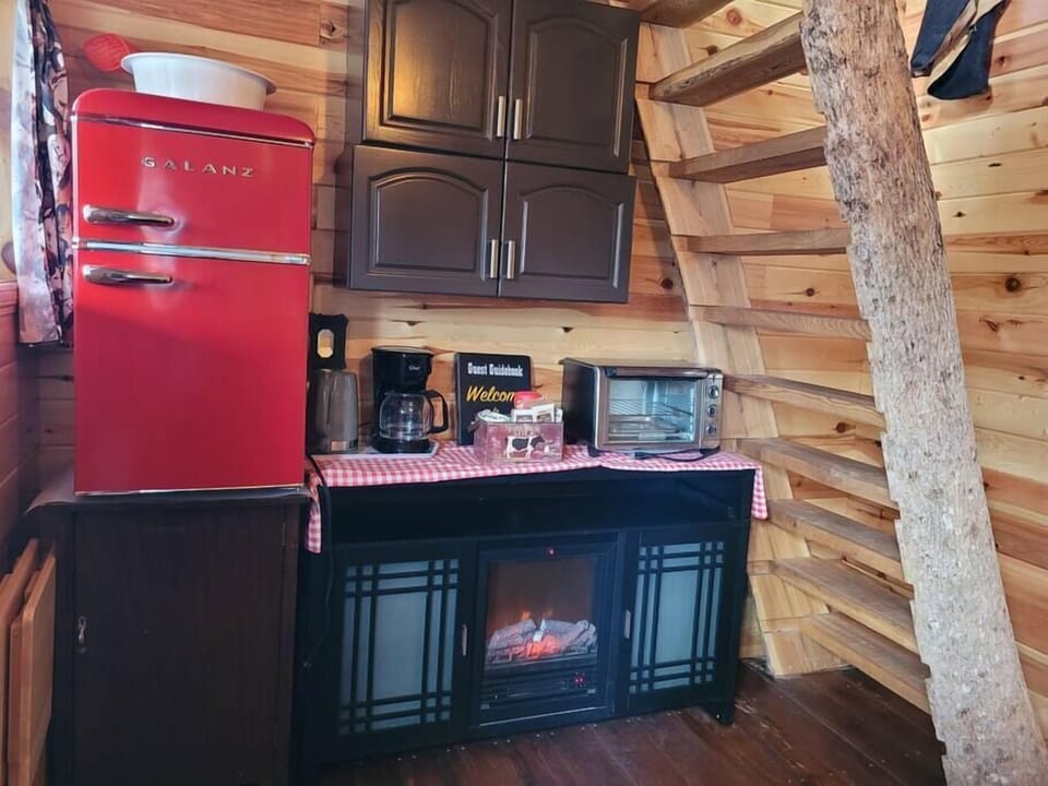 Electric fireplace and mini kitchenette, incl mini fridge / freezer, basic coffee bar, toaster oven.