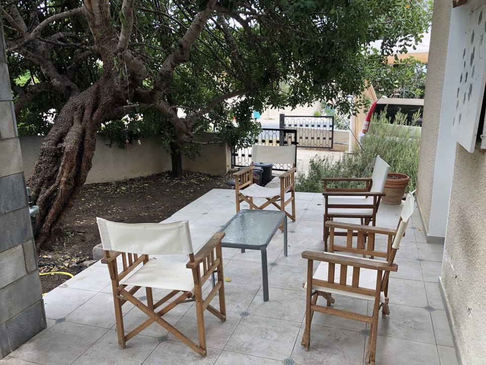 The front patio overhung by a very old carob tree