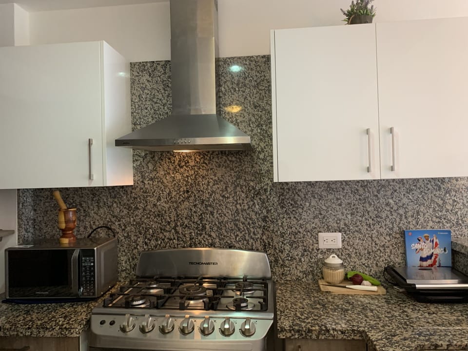 gas stove, microwave, blender, plates, cups, utensils. panini presser, toaster