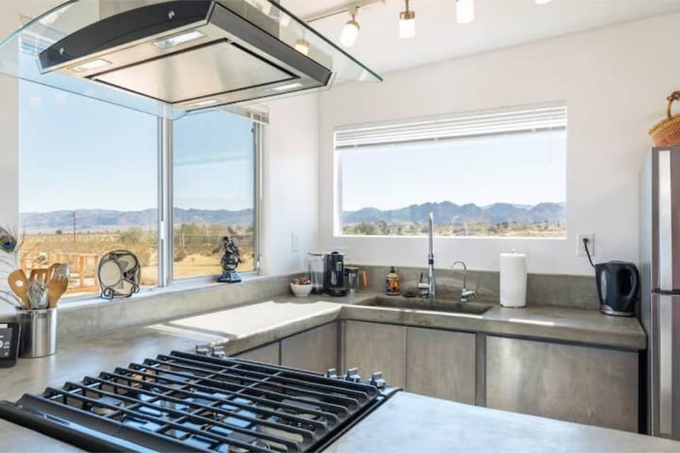 Kitchen - view is to the south. The mountains are the edge of the National Park
