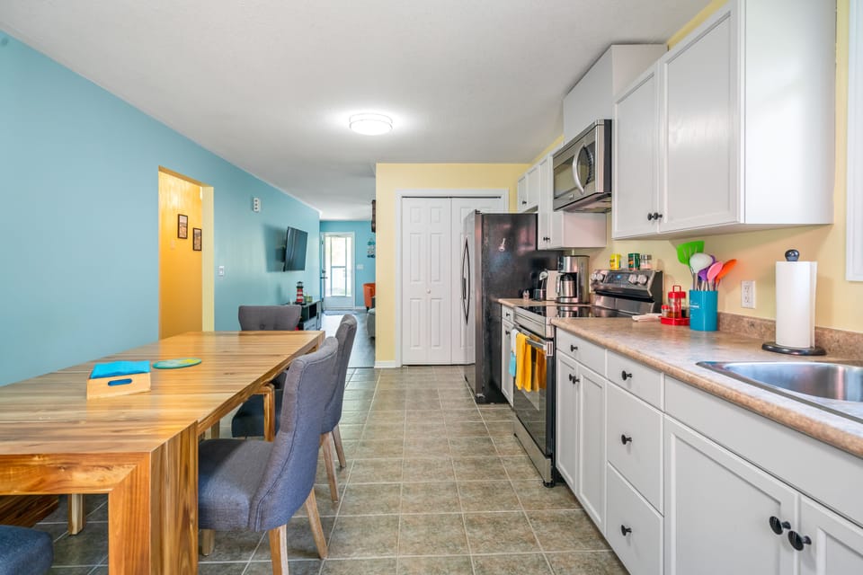 Large dining table comfortably fits 8 guests