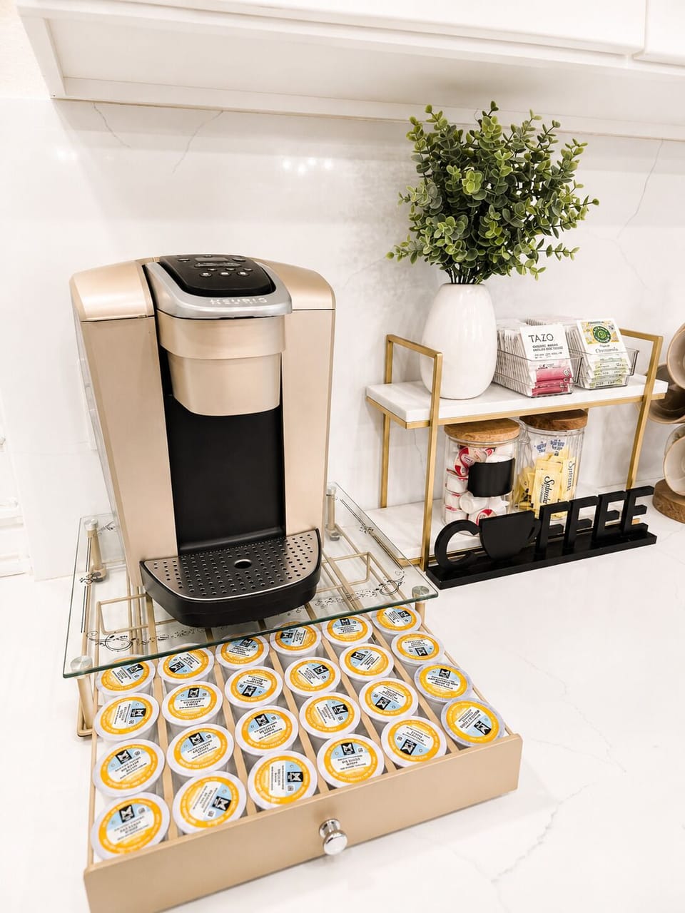 Fully stocked Keurig coffee & tea bar with coffee pods and essentials ☕