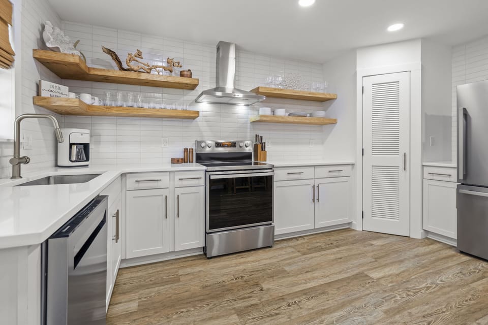 Kitchen with all stainless appliances.