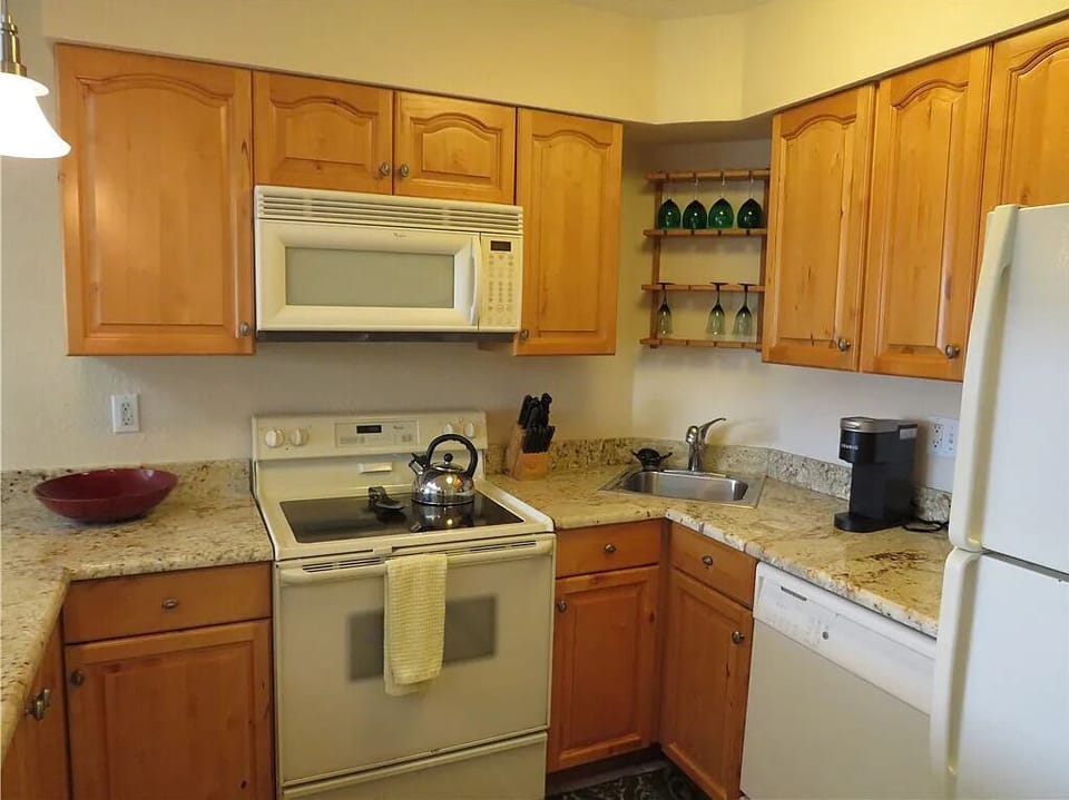 Microwave, stove, dishwasher, and full size fridge.  