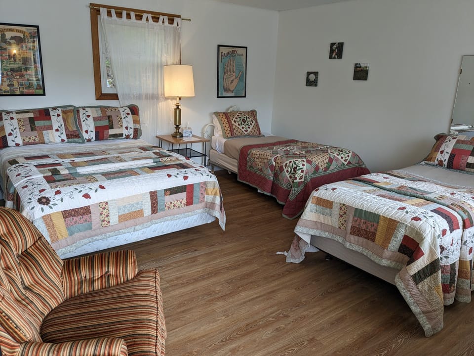 Each sleeping room in the 'long house' has its own entrance and en suite bath