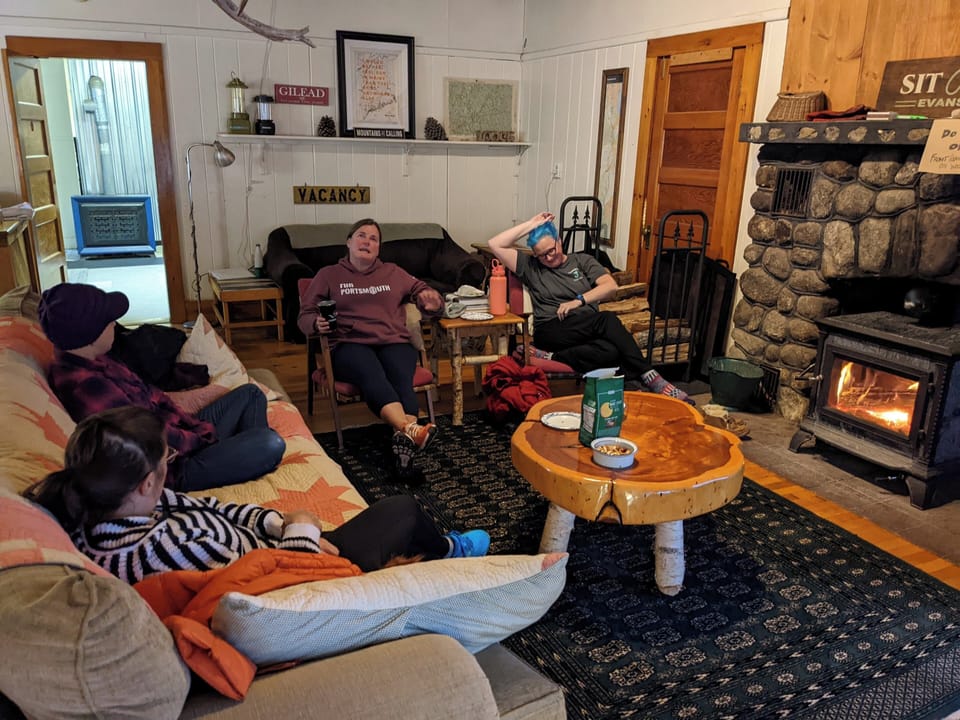 Our great room has a cozy wood stove and lots of seating