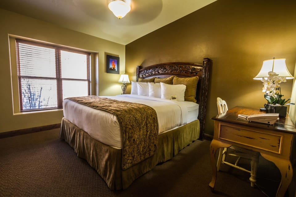 Settle in for a restful night in a warmly lit room.