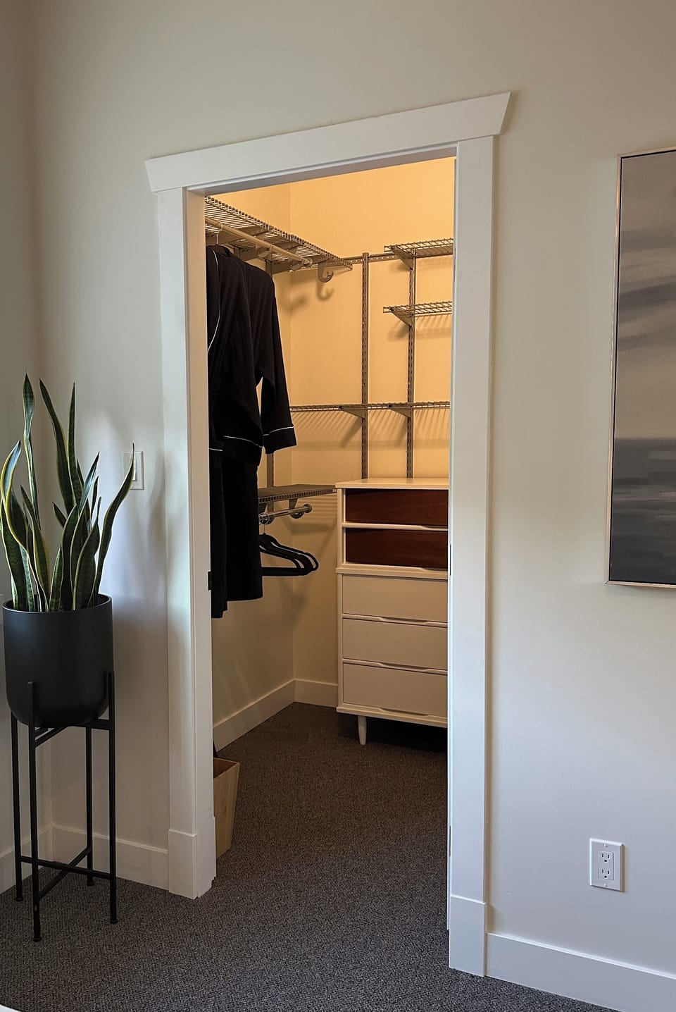 Master bedroom walk in closet with dresser, clothes hangers, and robes.