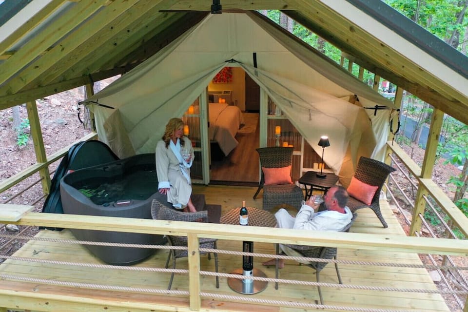 Romantic Themed Glamping Tent with Private Hot Tub and Cozy Romantic Vibes
