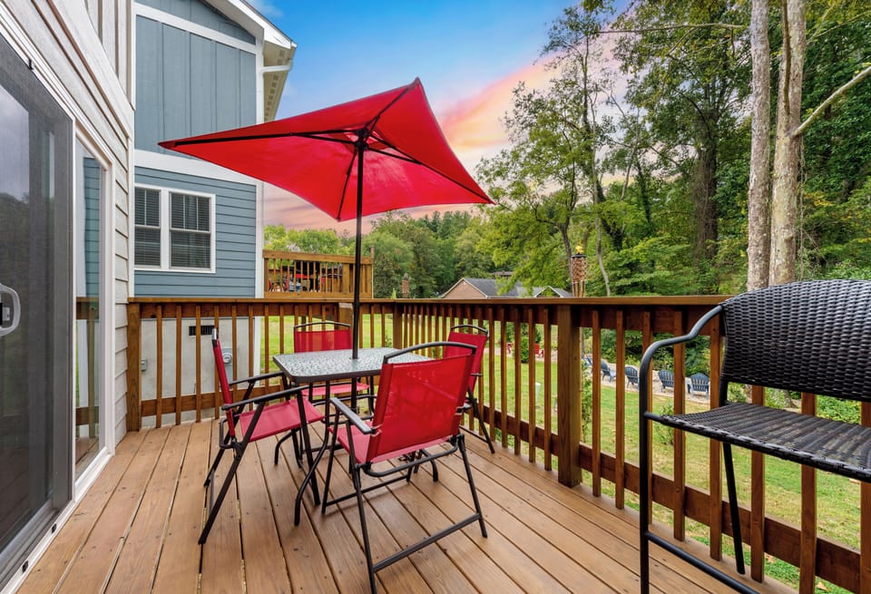 Sunny patio with an al fresco dining table.