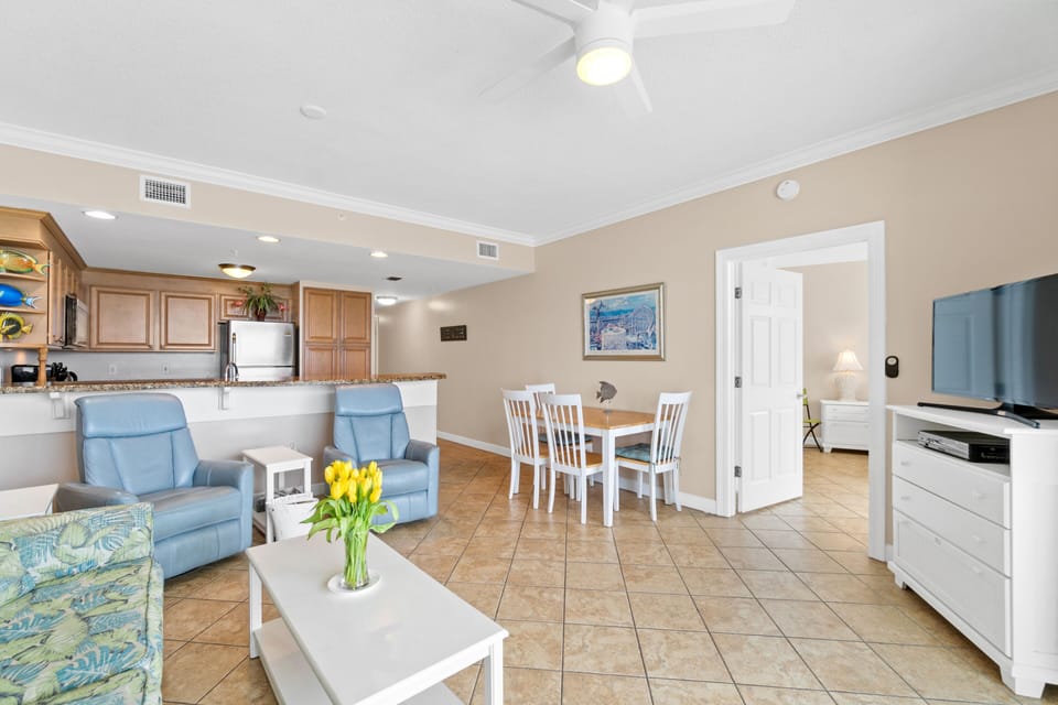 View from the sliding glass doors, the primary suite is off to the right.