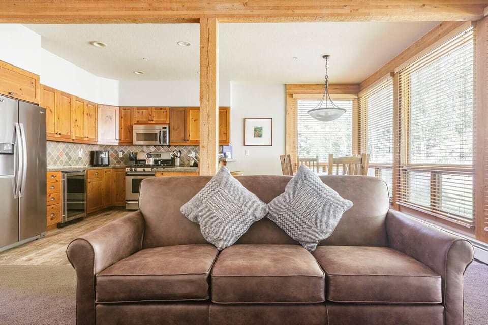 Main living room, kitchen & dining room (couch is queen sleeper w/ linens)
