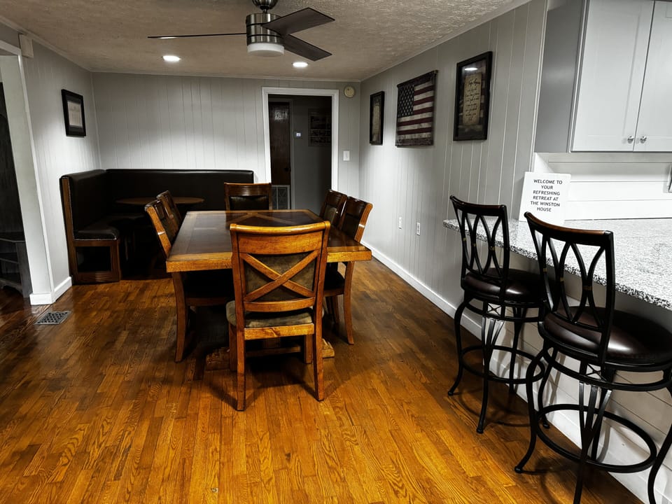 The dining area can seat up to 12 people.