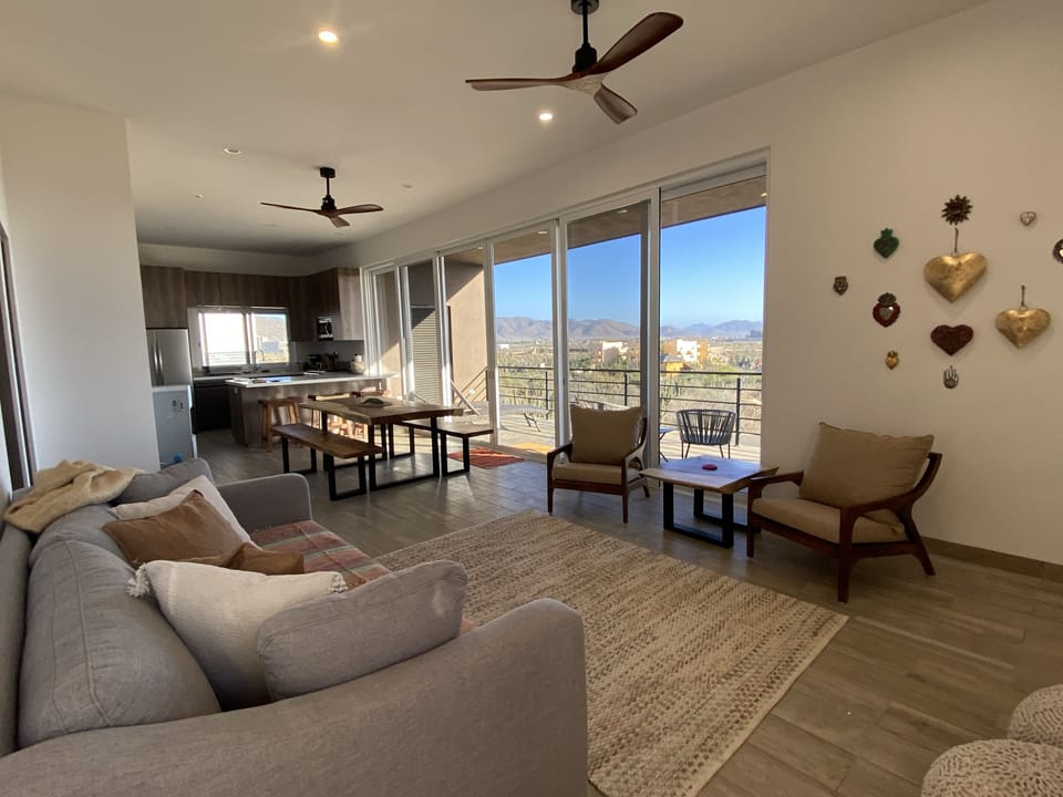 living room, dining and kitchen