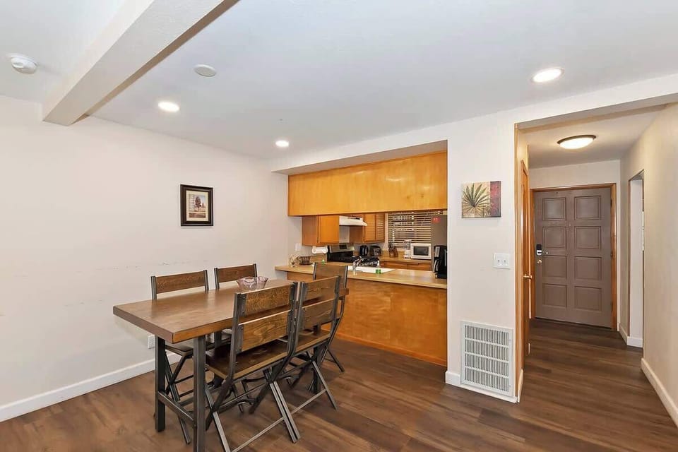 Dining table and kitchen view. 