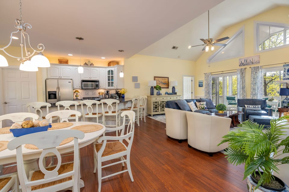 The open floorplan flows from dining area  into the great room