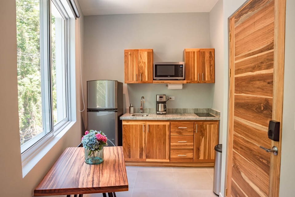 Kitchenette w refrigerator and 2 burner cook top stove