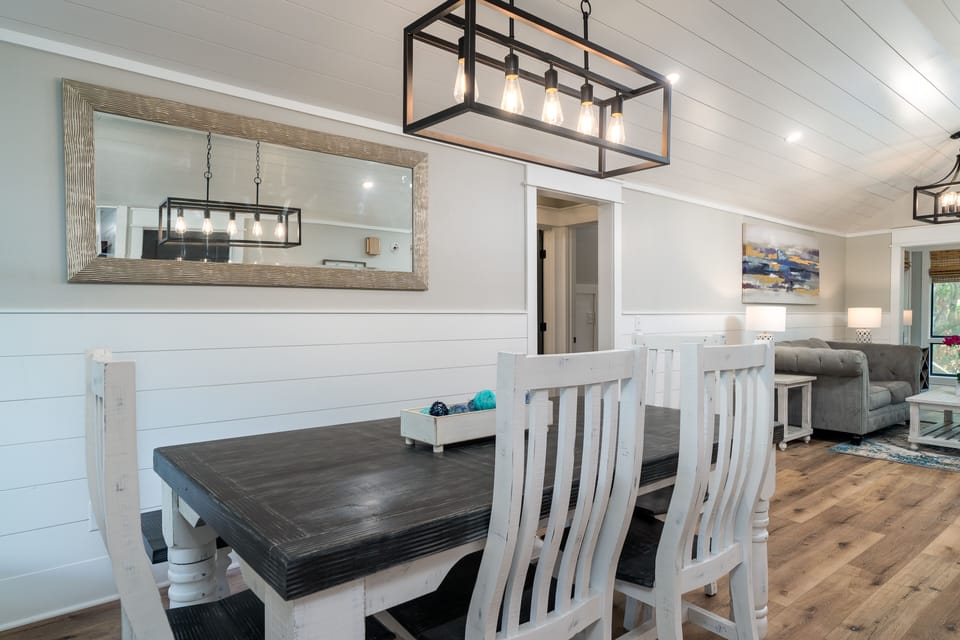 The dining table seats seven