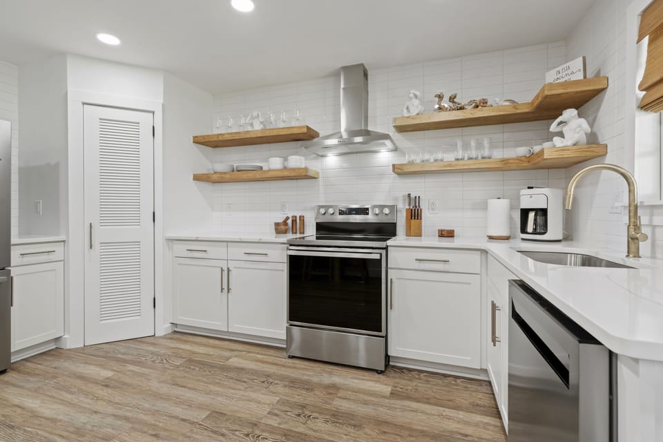 Kitchen with all stainless appliances.