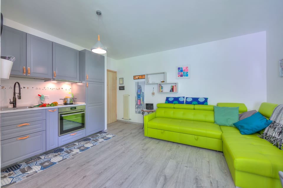 The living area with kitchen