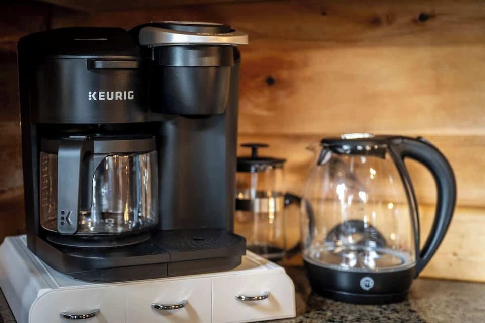 For you caffeine lovers.....you have your choice of coffee tea.
Keurig coffee maker, french press, and a water kettle.