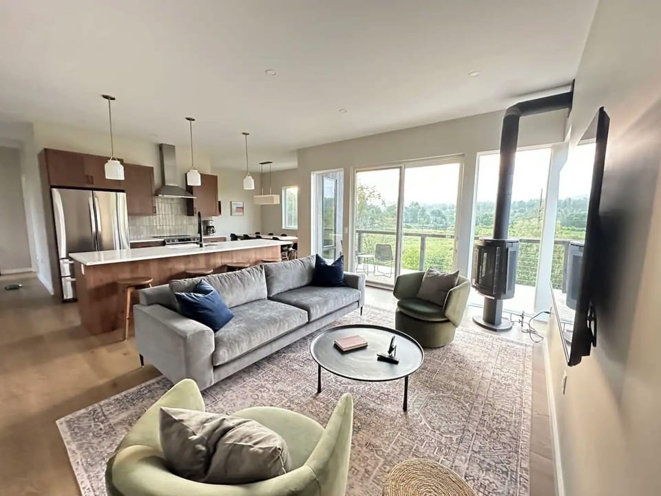 Living room with Jotul Fireplace, 65 inch TV and West Elm furniture