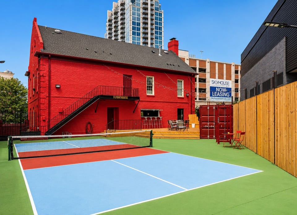 Game on! Our private pickleball court is ready for action. Our outdoor area has an outdoor tv and speakers, cornhole boards, gas grill, outdoor bar, giant Jenga, and a full gym setup.
